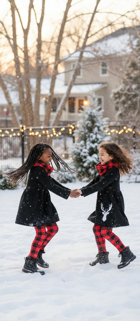 Girls 3 Piece Kids Toddler Christmas Plaid Reindeer Legging Set Outfit Long Sleeve Stretch Tunic Top Leggings and