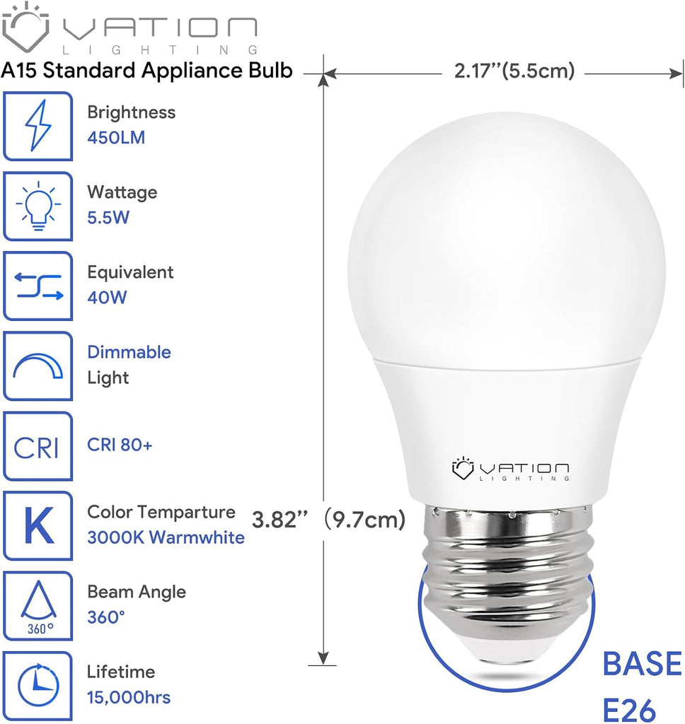 A15 LED Refrigerator Light Bulbs, 40W Appliance Bulb, Warmwhite 3000K, 2 PK