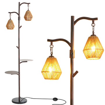 Arc Floor Lamp with Cage Shade, Rattan&Fabric Boho Floor Lamps Bedroom, Rust Color Industrial Dimmable Floor