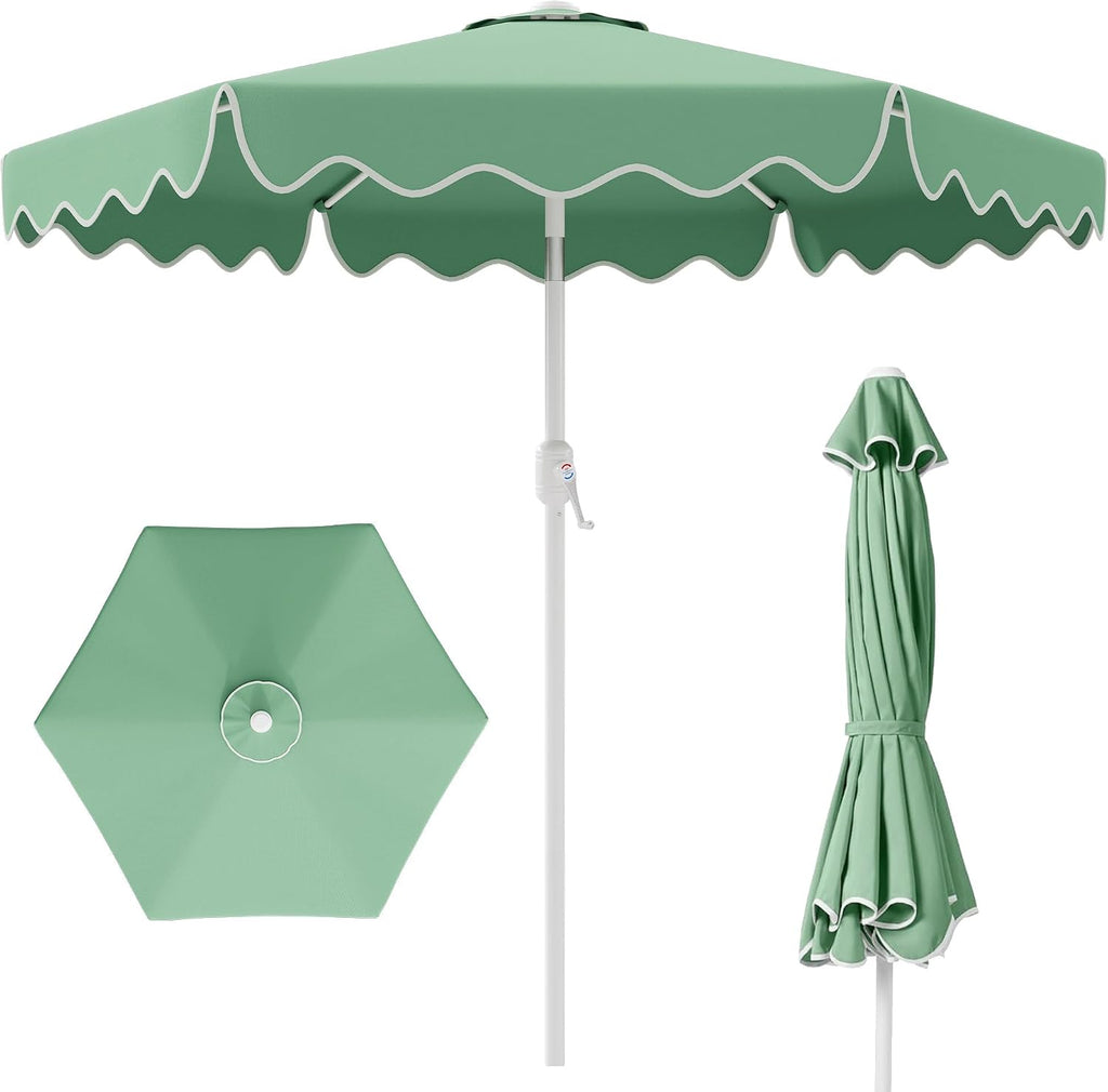 Patio Umbrella with Wavy Trim, UV-Fade-Resistant Canopy, Crank & Tilt - Pale Green 7.5ft