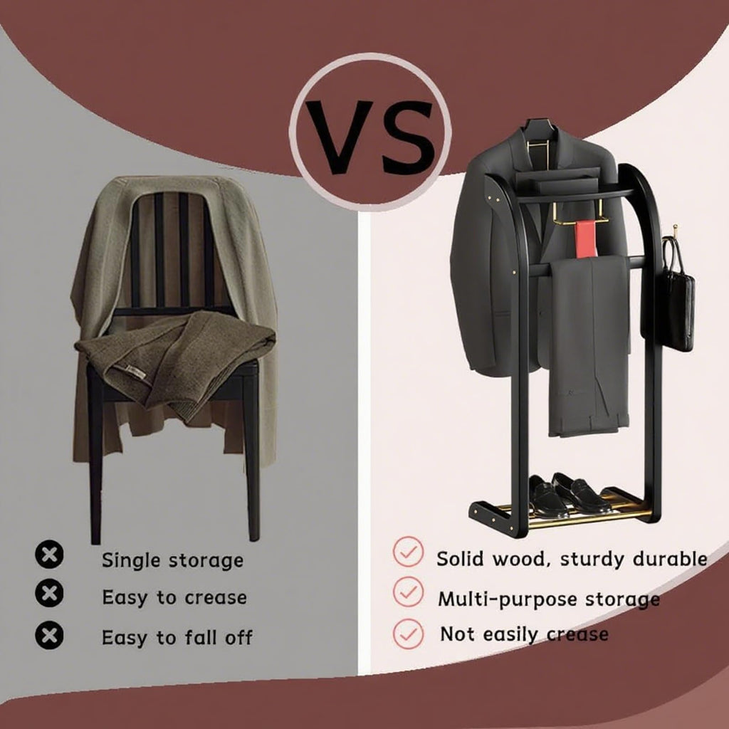 Suit Valet Stands for Women and Men, Wood Valet Stand with Base, Wardrobe Suit Valet Stand Organizer with Trouser Bar