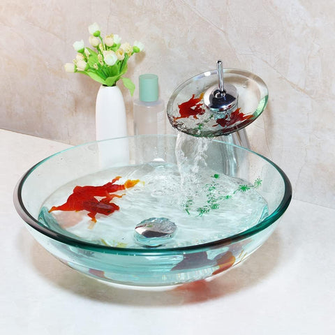 Clear Bathroom Sink Hand Painting Gold Fish Tempered Glass Vessel Sink Basin with Waterfall Faucet and Drain