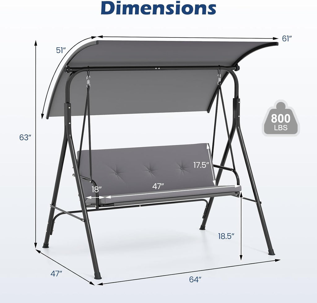 2 Person Porch Swing, Outdoor Swing with Removable Cushions, Solid Metal Structure, Patio Swing with Adjustable