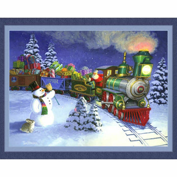 Santa's Train Digital Panel Cotton Quilt Fabric Santa Christmas Snowman 36 x 44Q