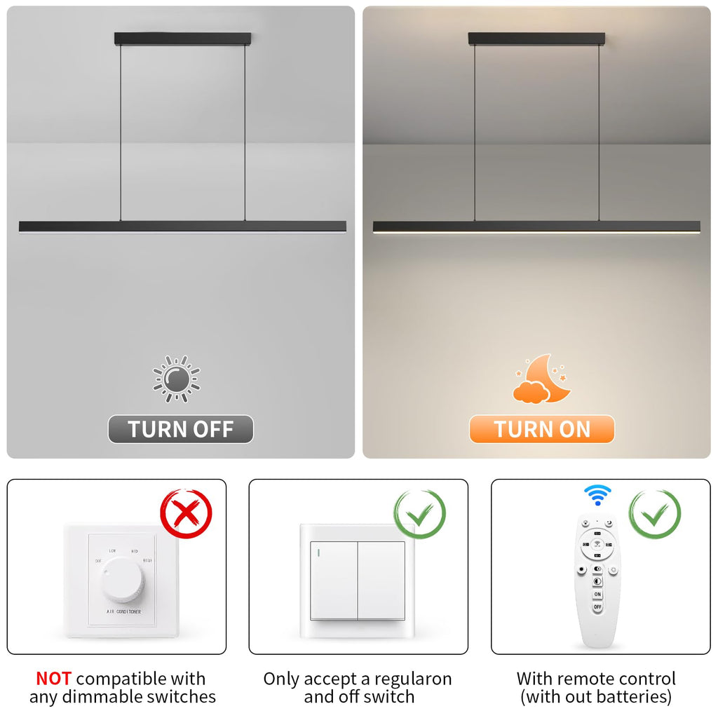 LED Island Lights, 3300k-6500K Dimmable Pool Table Light with Remote, Modern Pendant Lights, 56.29" LED Linear