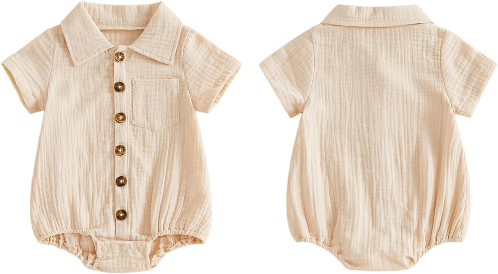Summer Newborn Baby Boy Cotton Linen Romper Short Sleeve Button Down Jumpsuit Romper One Piece Outfit
