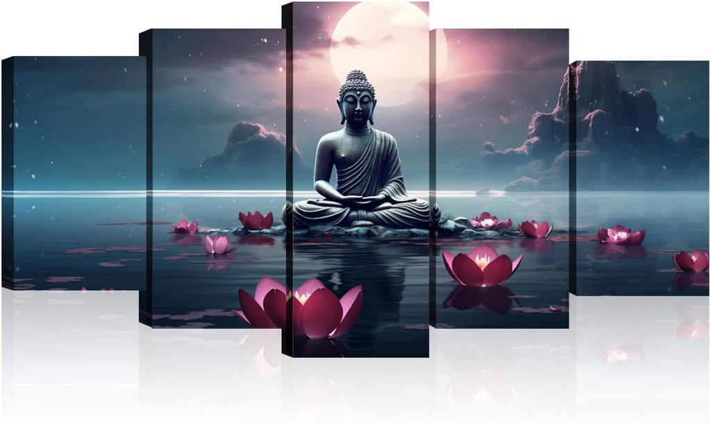 Buddha Canvas Wall Art 5 Piece Zen Wall Decor Pink Lotus Prints Meditation Picture for Yoga Spa Spiritual Room Home