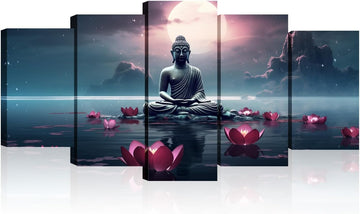 Buddha Canvas Wall Art 5 Piece Zen Wall Decor Pink Lotus Prints Meditation Picture for Yoga Spa Spiritual Room Home
