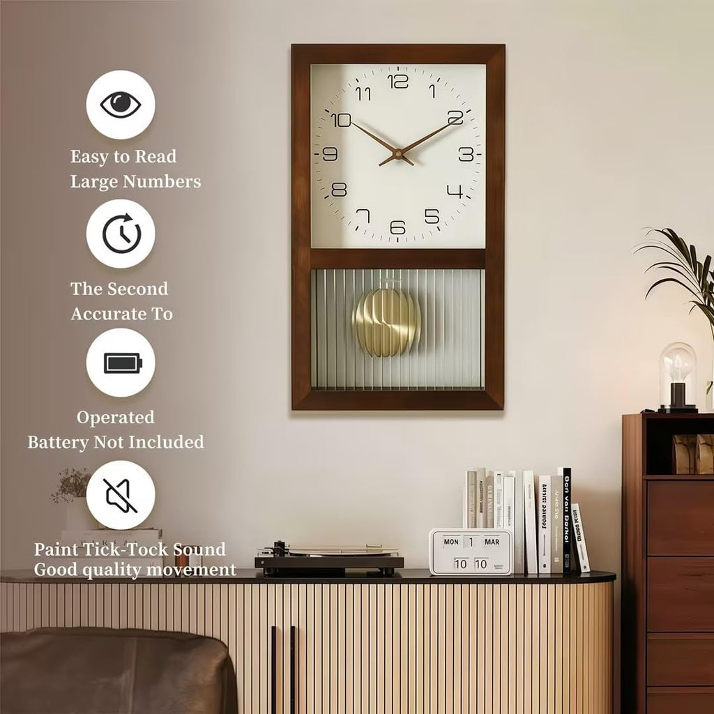 Pendulum Wall Clock, Silent Non-Ticking Japanese Vintage Design Bedroom Office Decor, Battery Operated, 11.02" ×