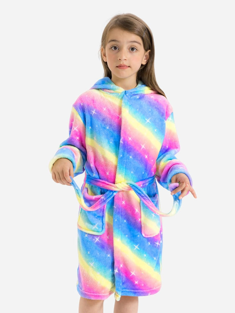 Girls Robe Kids Hooded Bathrobe Unicorn Rainbow Star Leopard Toddler Bath Robe Warm Fuzzy Bathrobes