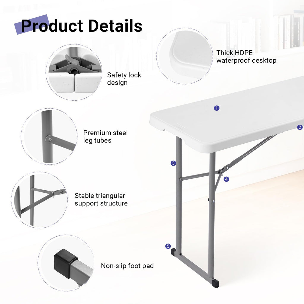 Folding Table 6FT Narrow Portable Plastic Heavy Duty Table, White
