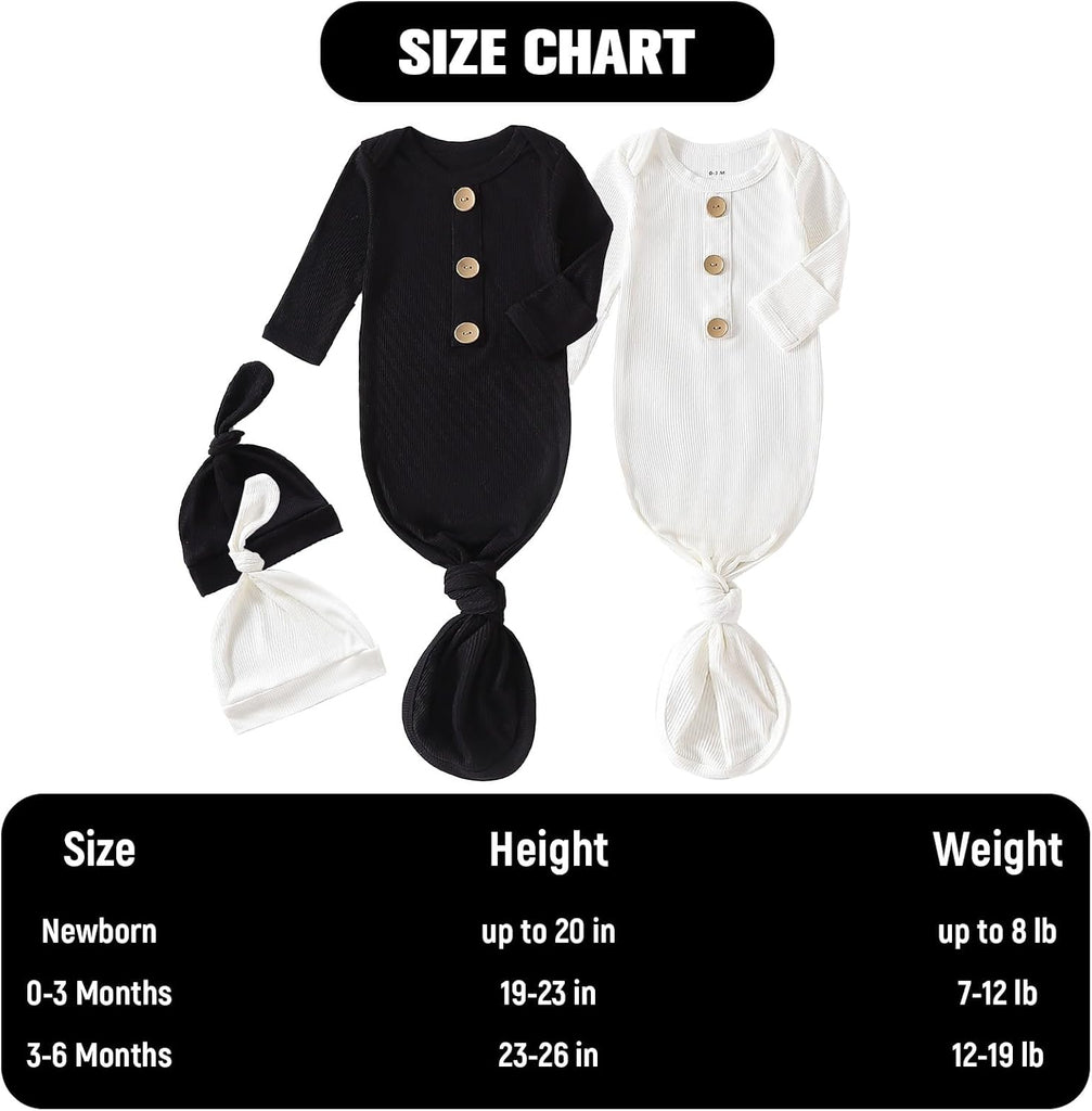 Knotted Gown Baby Newborn Sleepers Baby Boy Coming Home Outfit, Bamboo Viscose Baby Gowns with Mitten Cuffs and Hat