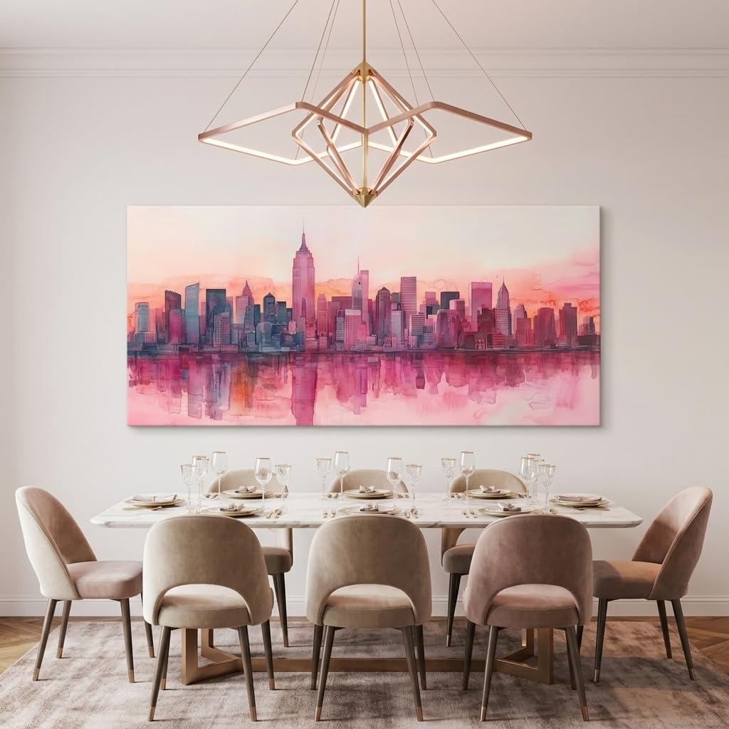 York City Skyline Canvas Wall, Pink Watercolor Manhattan Cityscape Print, Modern Urban Decor Bedroom Office