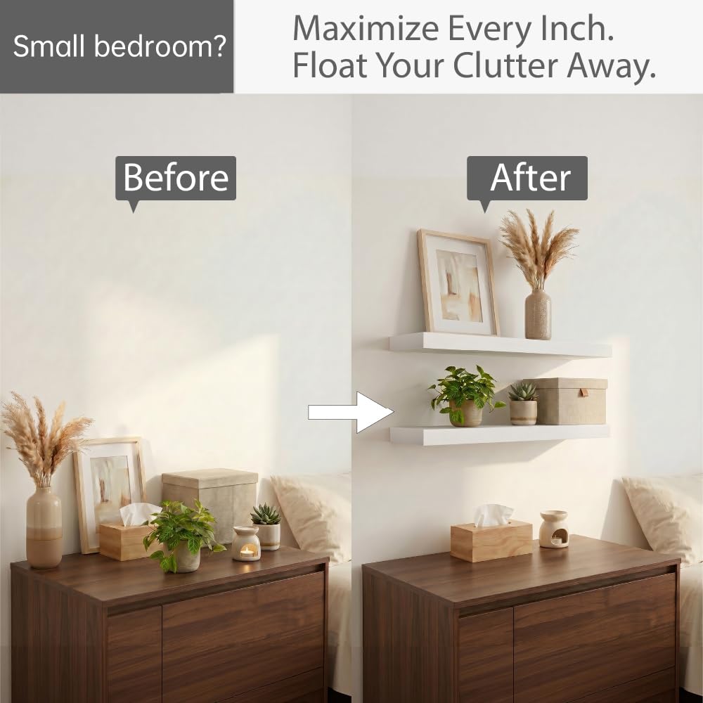 White Floating Wall Shelves, 24 Inch Shelf Set of 2