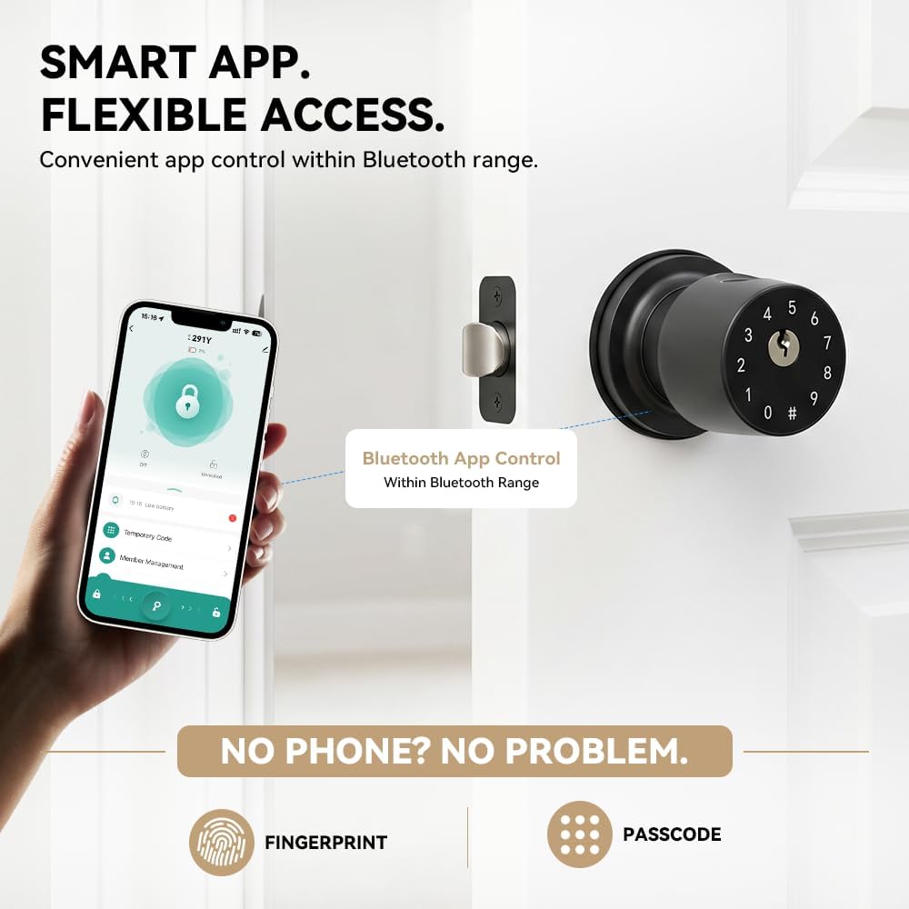 4-in-1 Smart Fingerprint Door Knob with App and Keypad, Matte Black