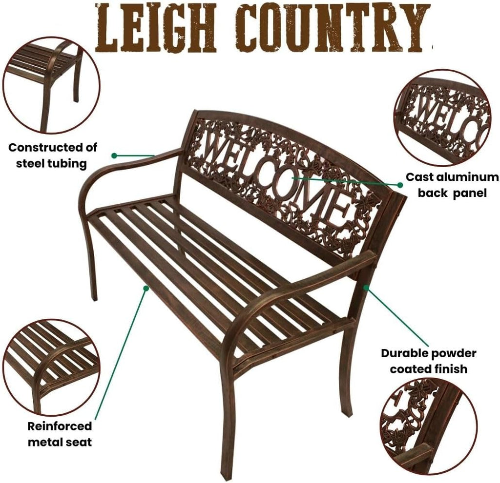 Metal Outdoor Bench, Welcome Design, Decorative Patio Seating for Porch/Deck
