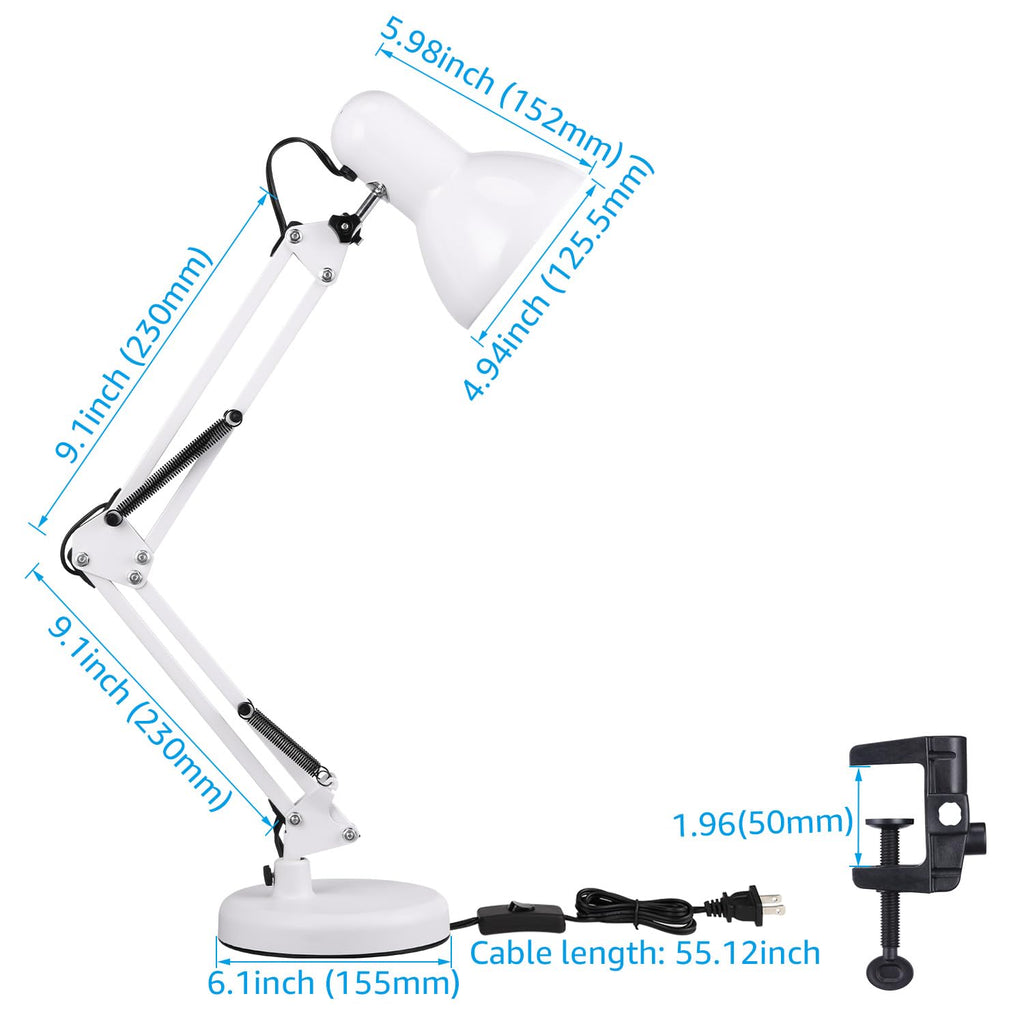 Metal Desk Lamp, Adjustable Swing Arm, E26, White