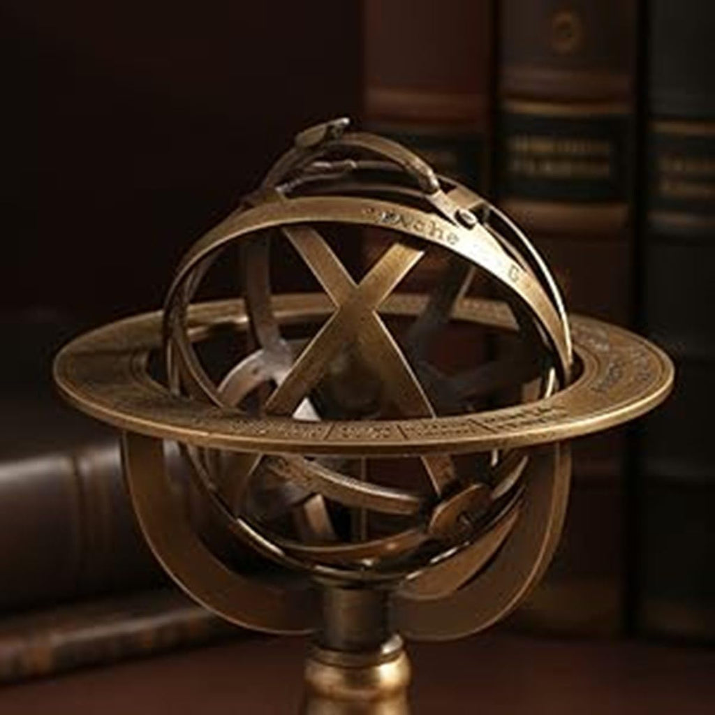 Antique 5" Armillary Astrolabe Sphere Showpiece Made from Brass and Wooden Base Rustic Vintage Home Decor Gifts