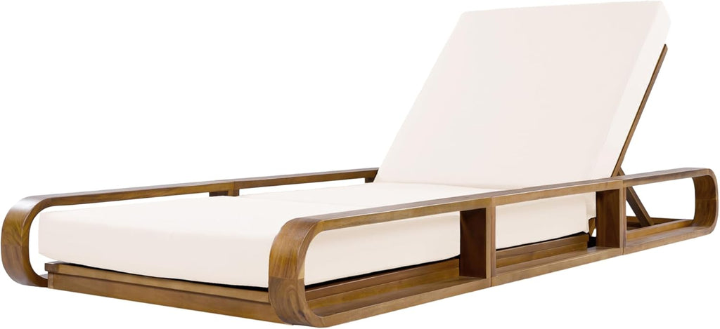 Teak Finish Acacia Wood Chaise Lounge - 1 Pcs Frame + 1 Pcs 4" 3-Fold Cream Water-Resistant Cushion, 400lbs Capacity