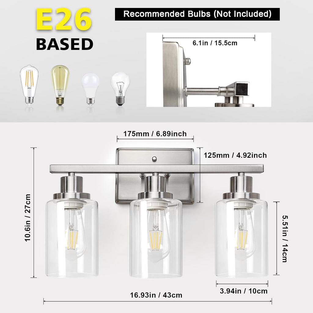 Bathroom Vanity Light Fixtures, 3 Light Wall Sconces Lighting with Clear Glass Shade, Brushed Nickel Wall Lights for