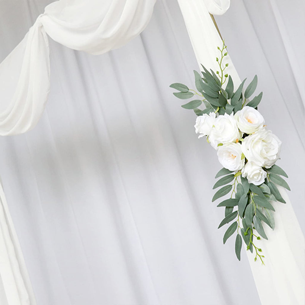2 Pack Artificial Wedding Arch Flowers, Artificial White Roses Flower Swag Fake Peony Floral Swags with Green Leaves