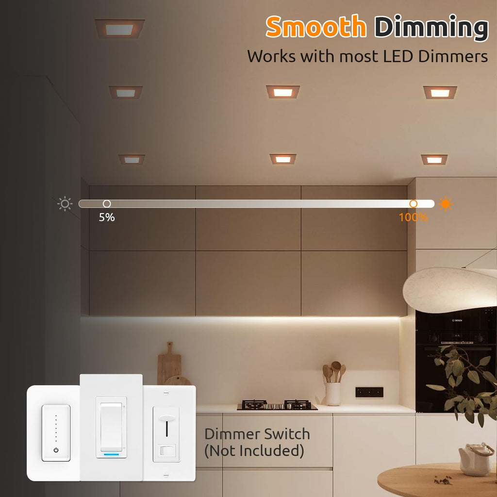 4 Inch Square LED Recessed Lighting 6 Pack, 5CCT, 9W, Dimmable