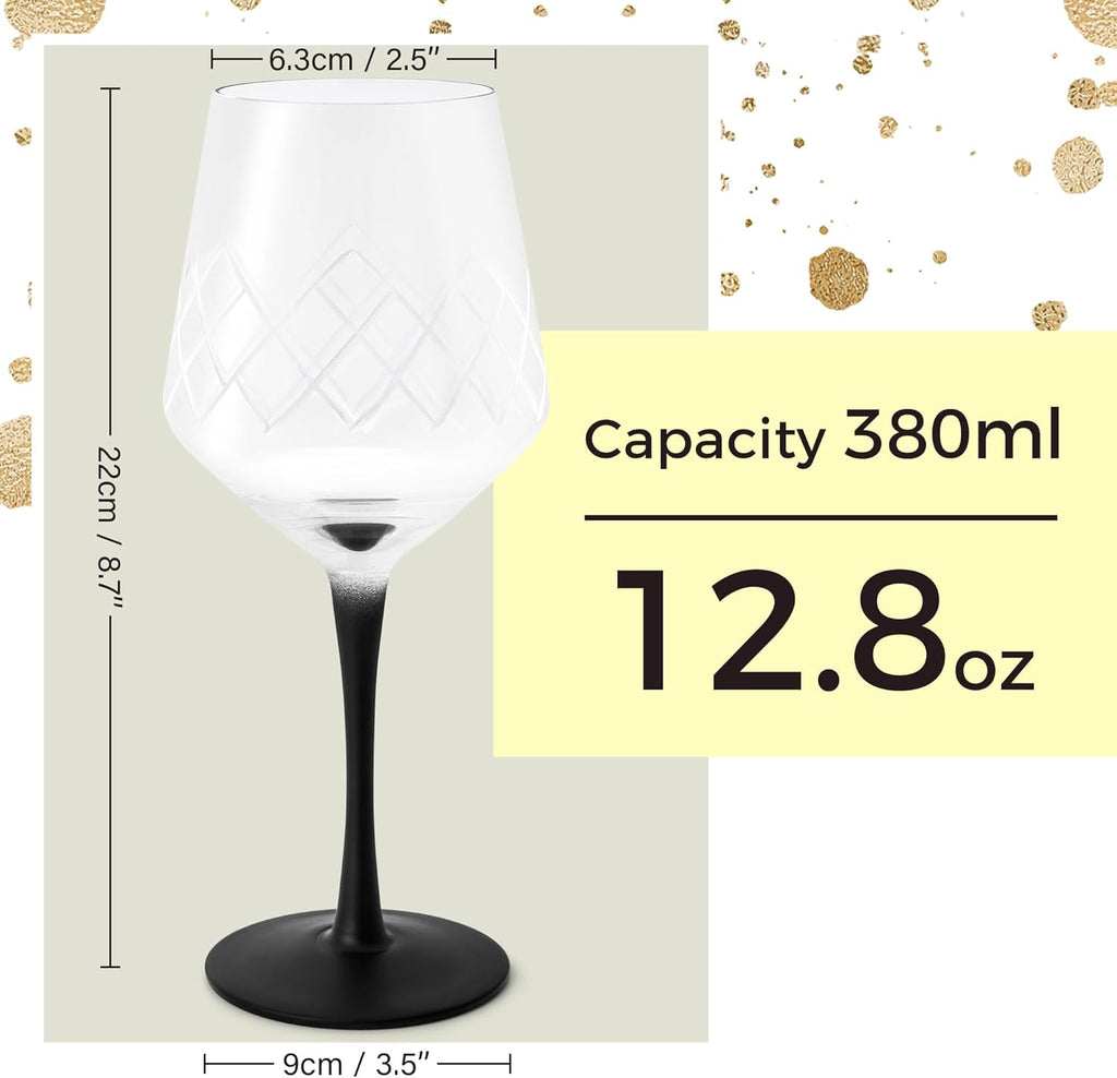 Premium Crystal Wine Glasses, Set of 4 with Black Long Stem, Unique Crystaluna Collection