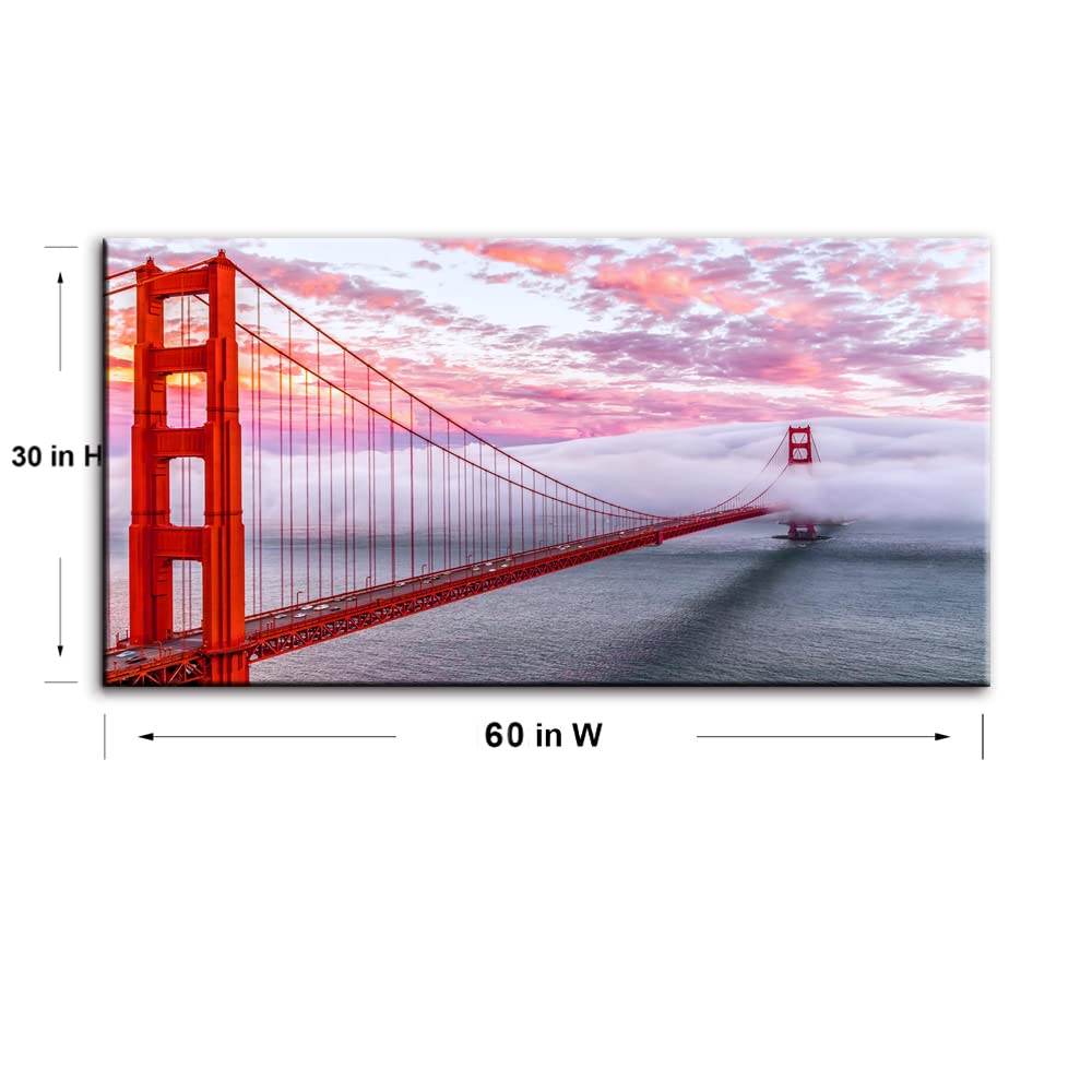 San Francisco Red Golden Gate Bridge At Dusk Canvas Wall, Modern Realism City Building Picture, Califonia Foggy
