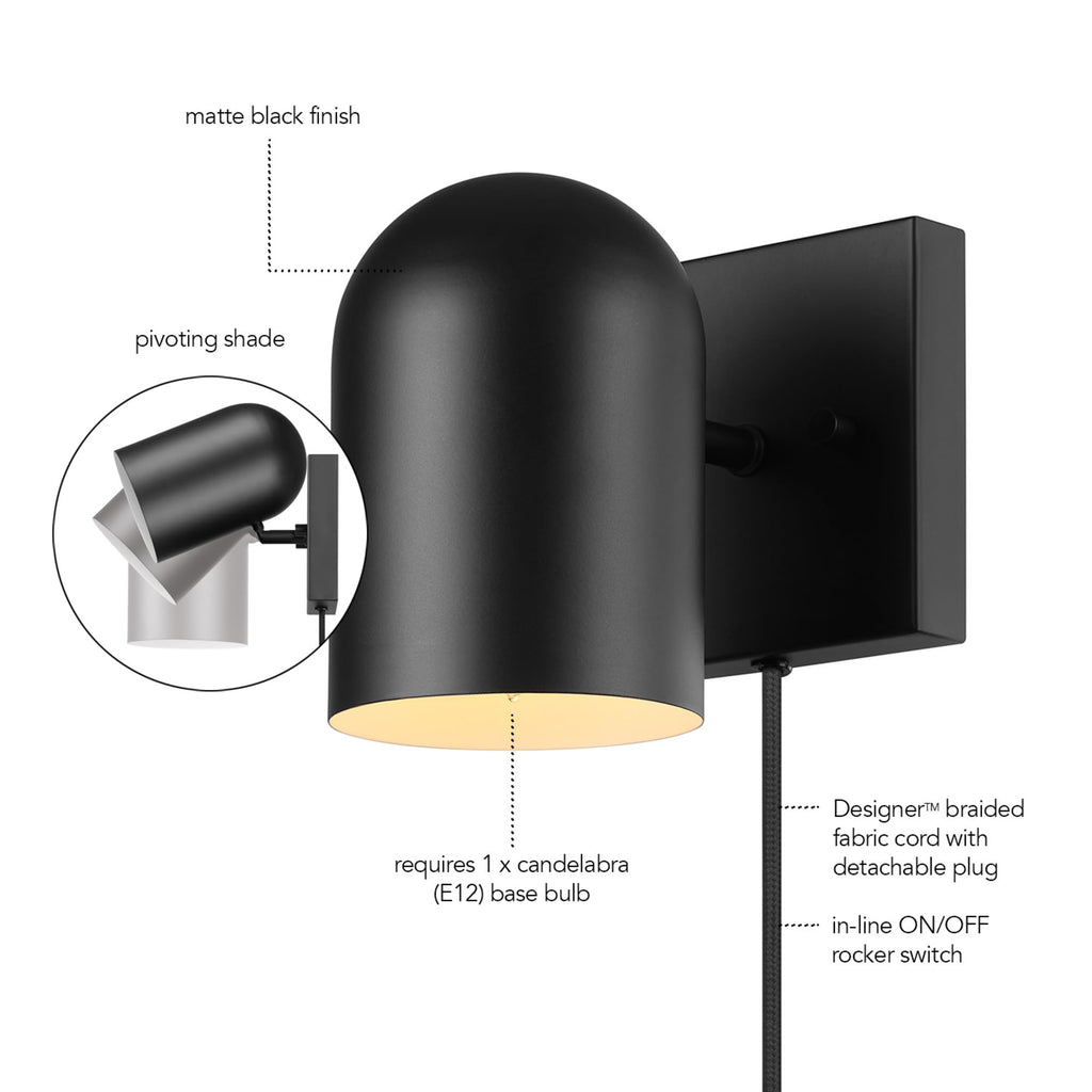 Plug-in or Hardwire Wall Sconce, Matte Black, 6ft Braided Fabric Cord, in-Line Rocker Switch, Modern Lighting
