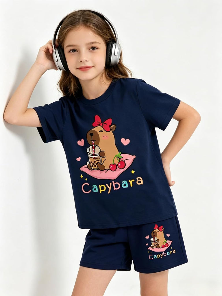Girls Summer Clothes Cute Capybara Print & Cherry Bow Short Sleeve Shorts Set Tween Girl Outfits