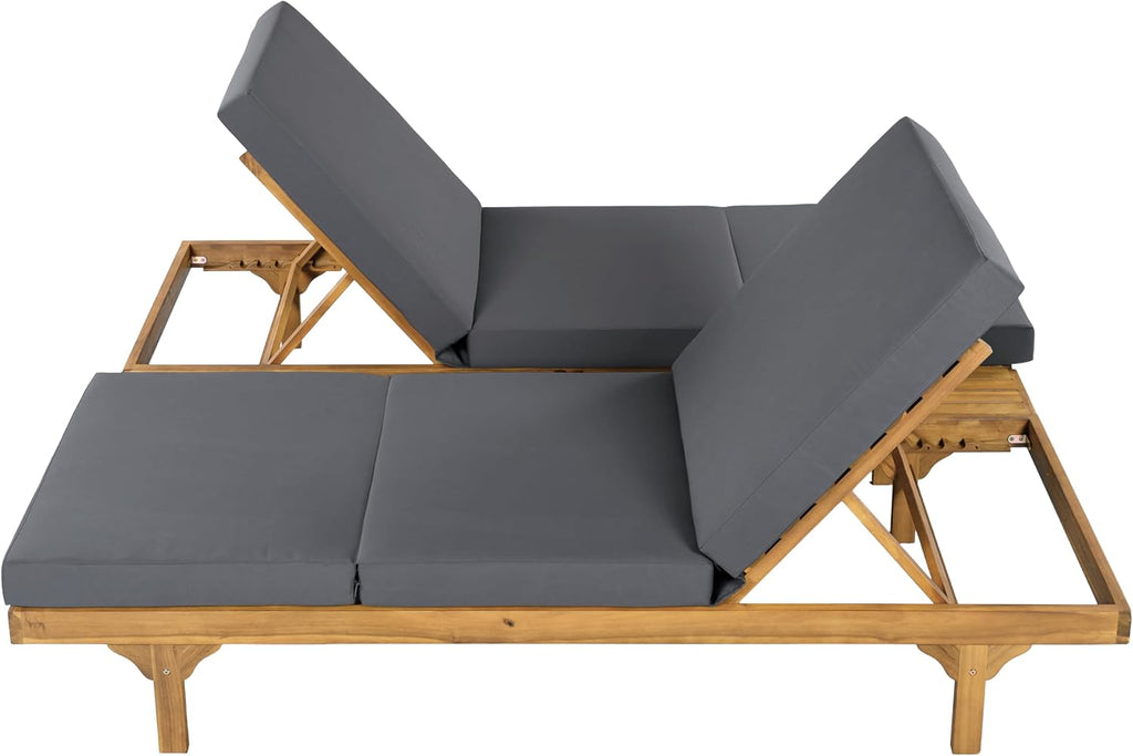 Acacia Wood Outdoor Chaise Lounge Set, 2 Recliners with 3-Fold Dark Grey Cushions, 5-Position Adjustable Double