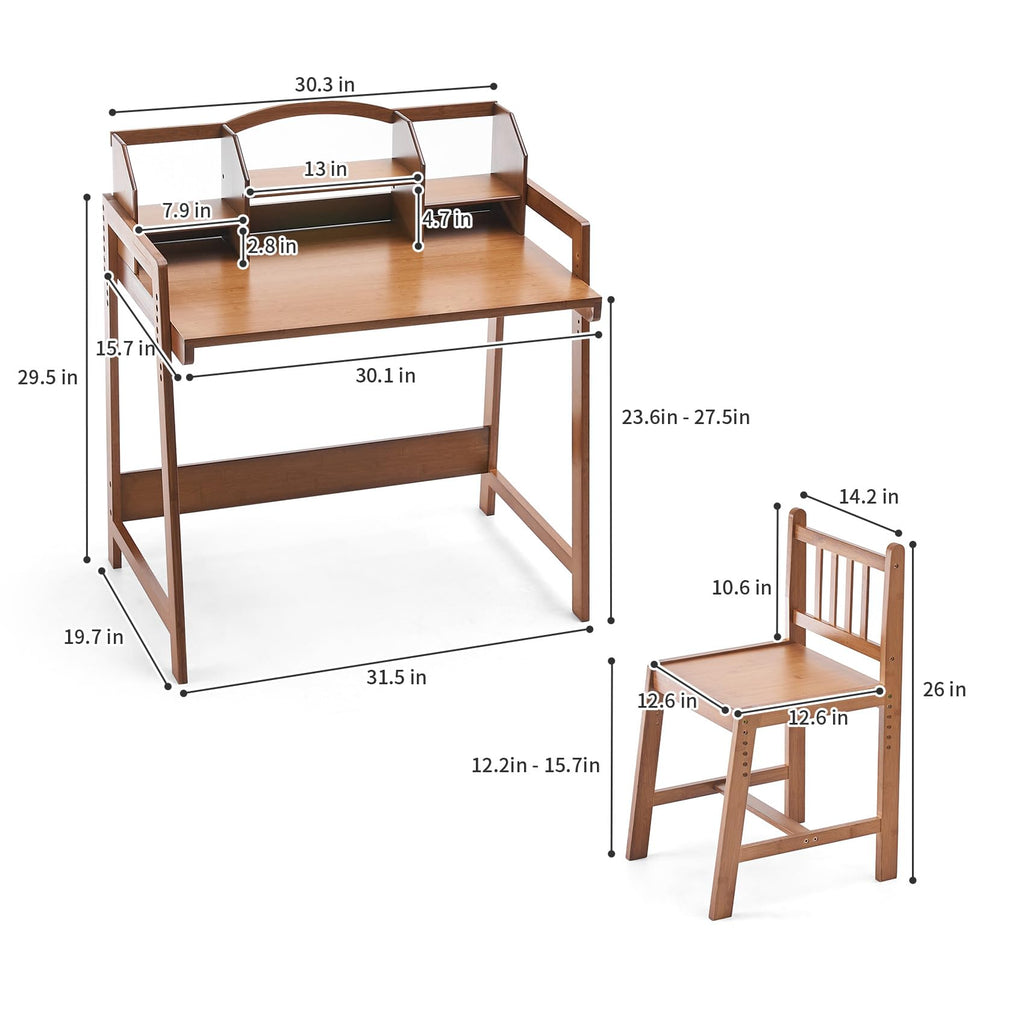 Kids Desk and Chair Set, Height Adjustable Bamboo Study Desk