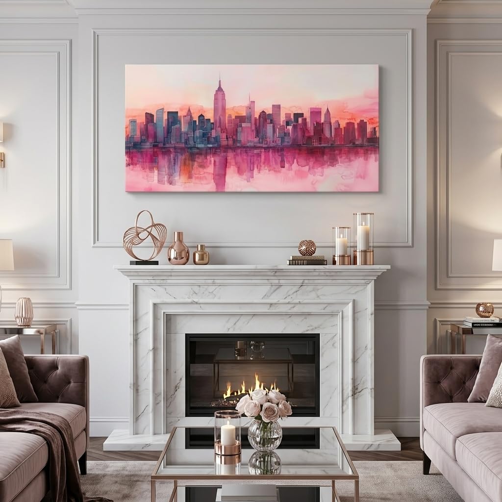 York City Skyline Canvas Wall, Pink Watercolor Manhattan Cityscape Print, Modern Urban Decor Bedroom Office