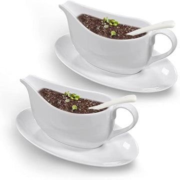 Gravy Boat With Ladle and Saucer 17 Oz, White Ceramic Sauce Boat
