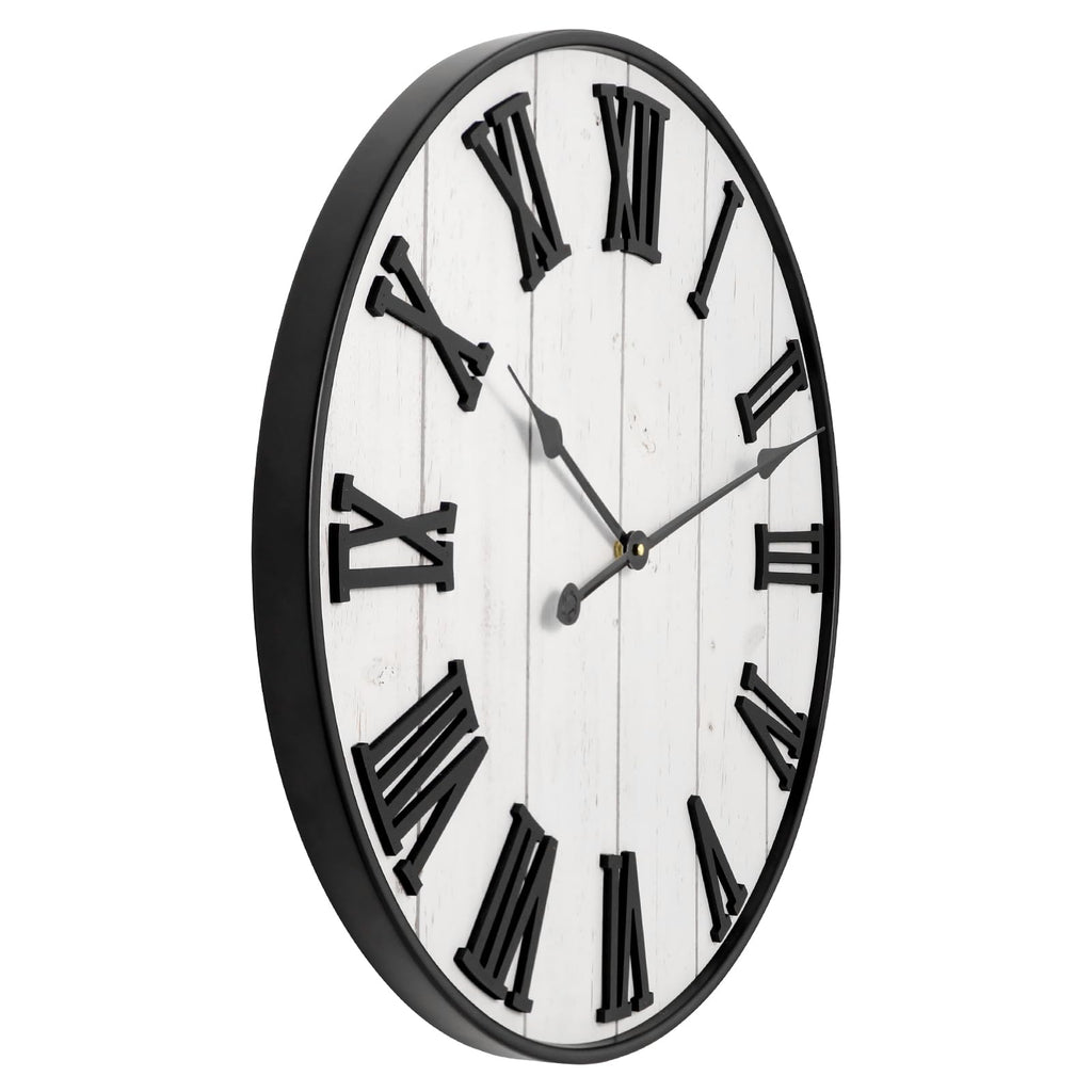 Large Rustic Wooden Wall Clock, 24 Inch Whitewashed Farmhouse Wall Clock with Carved Roman Numerals, Silent Battery