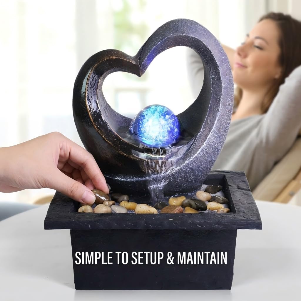 Tabletop Water Fountain, Zen Meditation Indoor Waterfall Fountain, Heart Shape Decoration with LED Light Bedroom
