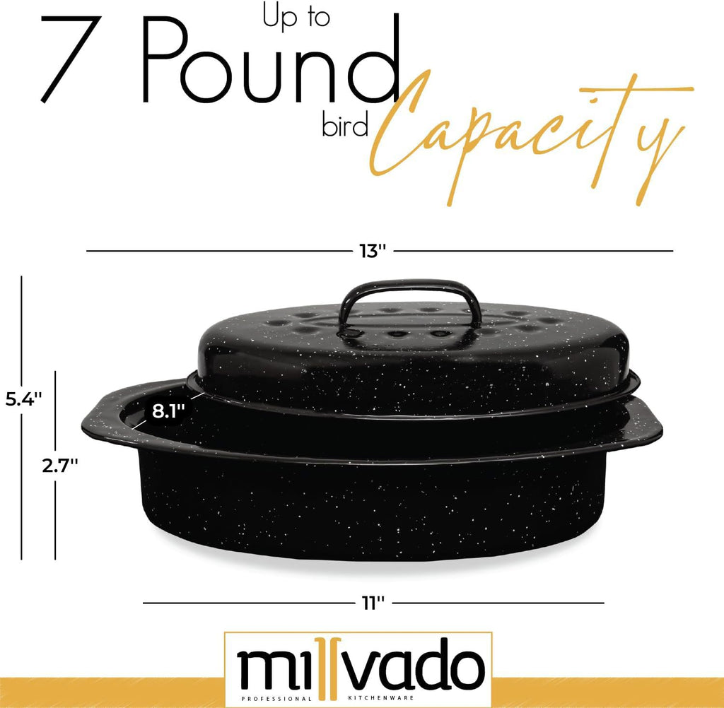 Roasting Pan With Lid, Turkey Roaster Pan, 13" Granite Oven Roaster Oval Shaped Speckled Enamel on Steel Cookware