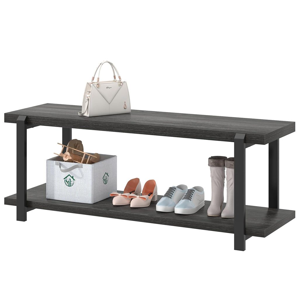 47 Inch Shoe Storage Bench, Rustic Wood and Metal Entryway Bench Front Door Entrance, Vintage Indoor Shoe Rack Bench