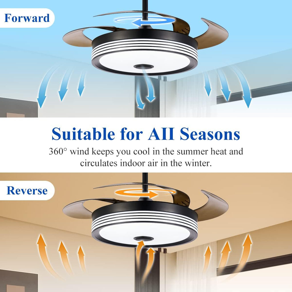 42 inch Modern Retractable Ceiling Fan with Lights and Remote Control, 6Speed Dimmable Fandelier, Smart Ceiling Fan