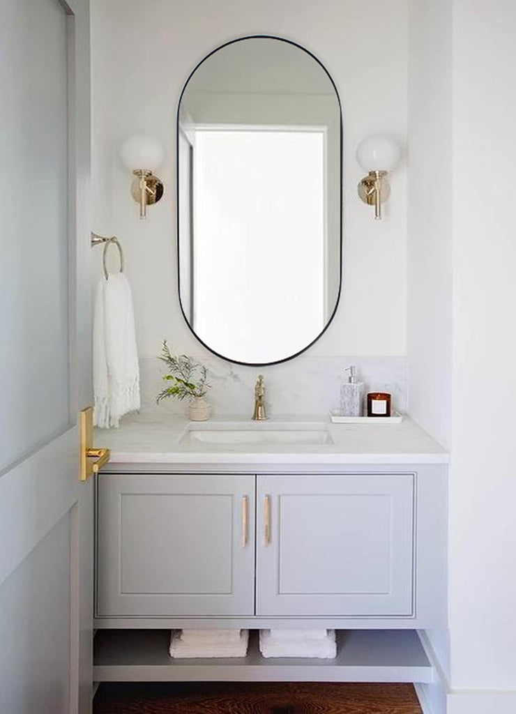 Black Oval Bathroom Mirror 20x40'' Pill Shaped Oblong Vanity Mirror Metal Framed Capsule Mirror for Wall in Stainless