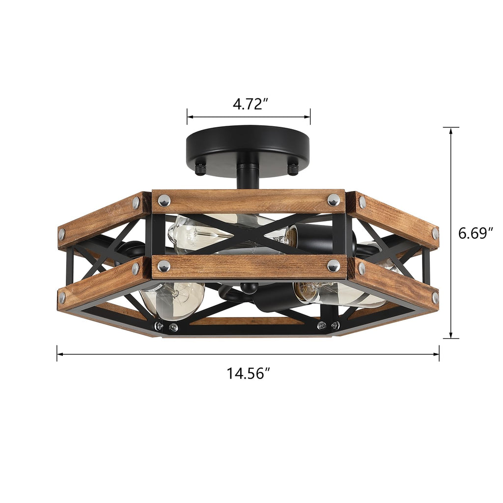 3-Light Rustic Farmhouse Wood Flush Mount Ceiling Light Fixture Oak Wood and Metal Cage Semi Flush Mount Ceiling