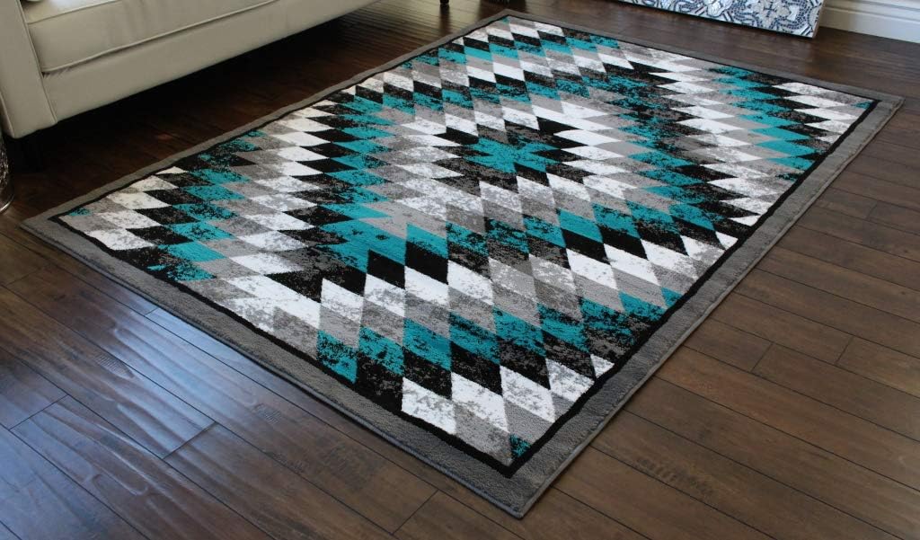 Stephanie Collection Area Rug Southwest Native American Distressed Design 1106 Turquoise Grey White Black (8 Feet X