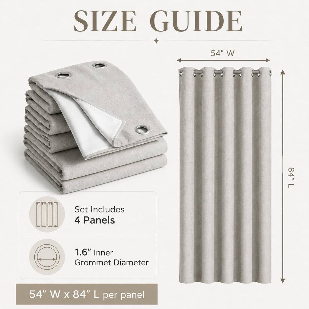 100% Blackout Curtains Set of 4 Panels, Grommet Drapes, Thermal Insulated and Noise Reducing Room Darkening Curtains