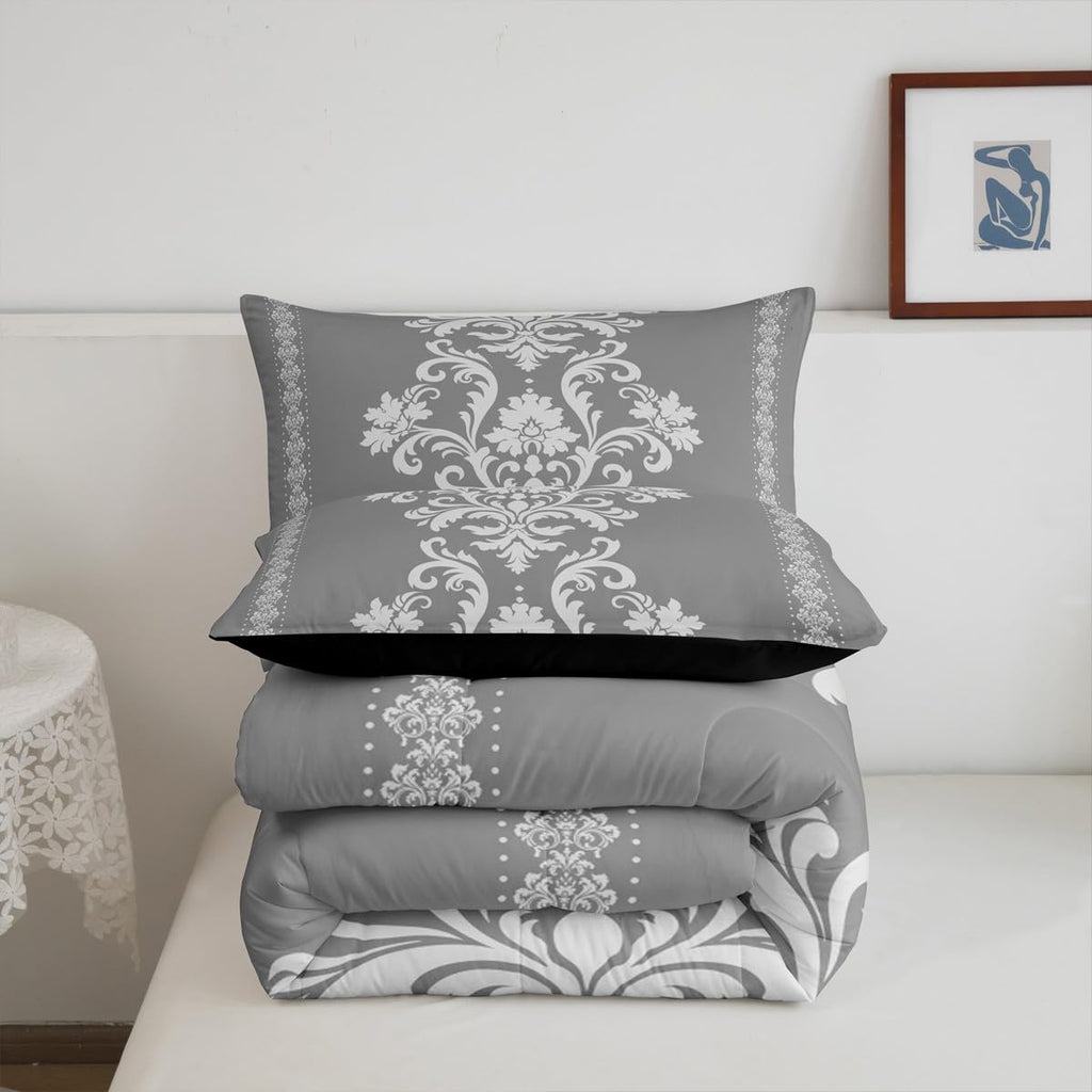 White Grey Damask Print Comforter Set King Size Bedding Set