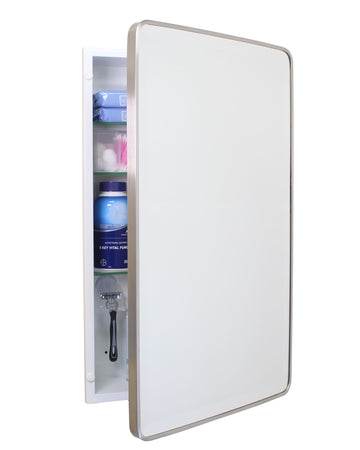 16x26 Austin Farmhouse Metal Framed Rounded Rectangle Recessed Bathroom Medicine Cabinet, Beveled Mirror, 14x24