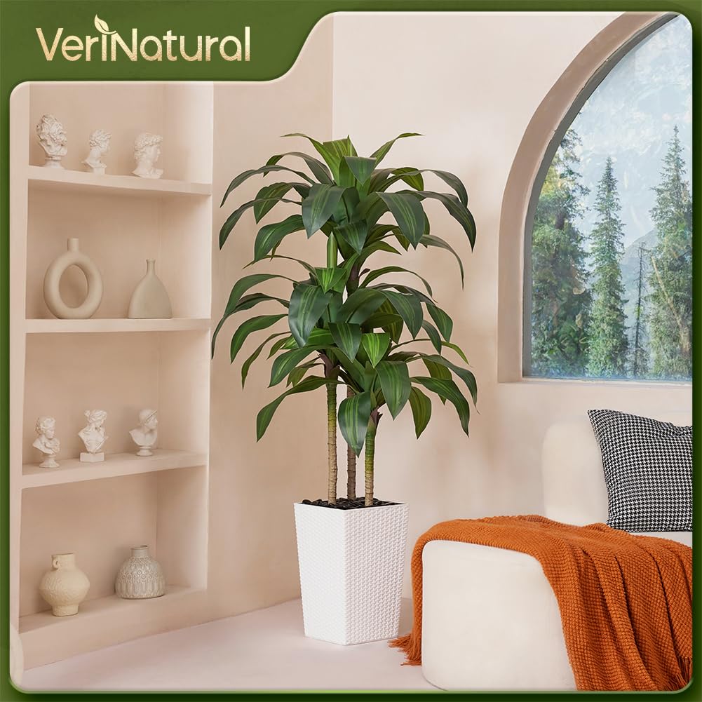 Artificial Dracaena Tree 5FT - Fake Tree with White Taper Planter & Pebbles - UV Resistant Faux Yucca Tropical Plant