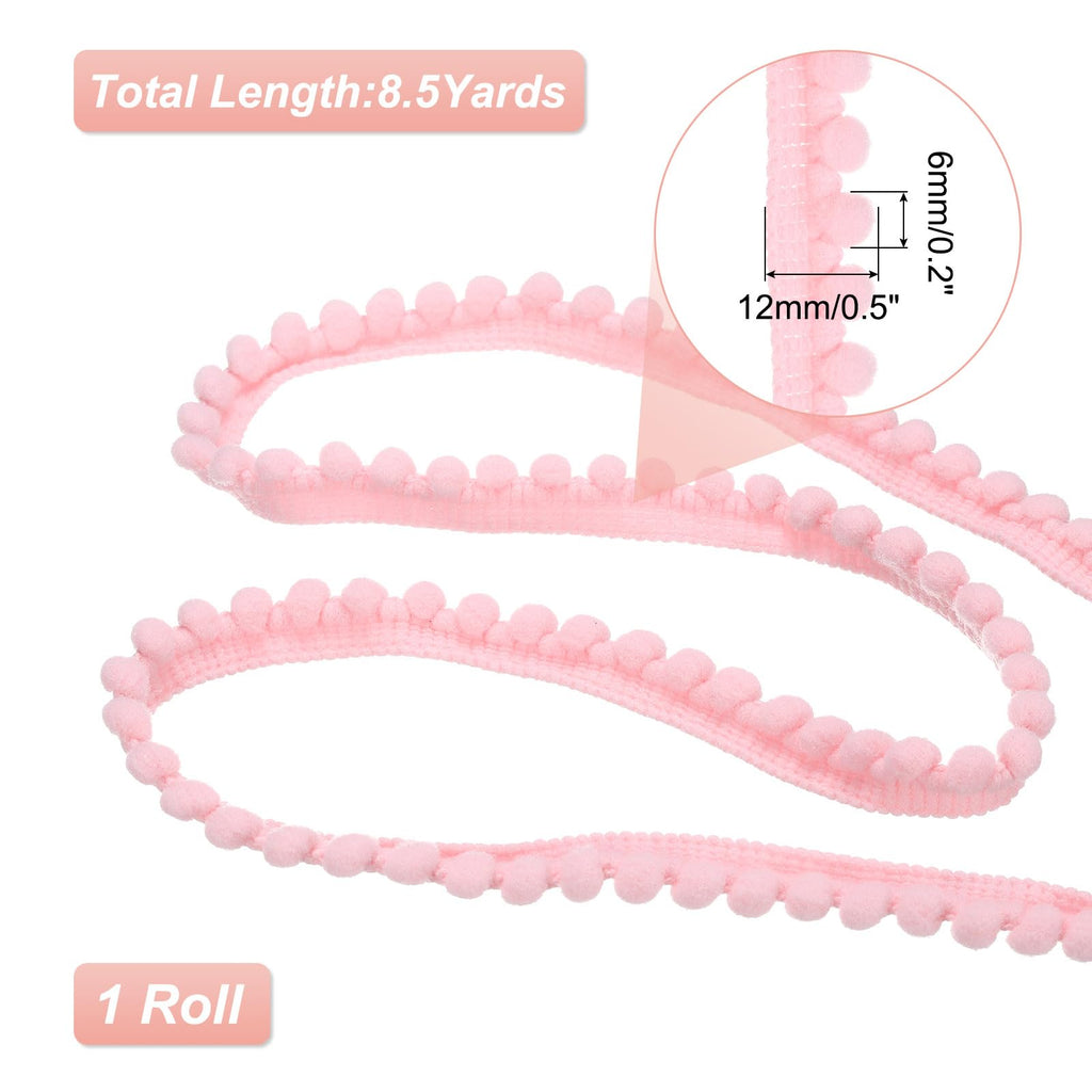 Pom Trim Ribbon, 0.5" Wide Light Pink Pom Ball Fringe Trim Sewing Fringe Fabric Trim Ribbon for DIY Crafts - 8.5 Yards