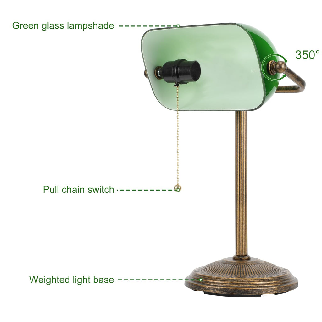 Bankers Desk Lamp, Green Glass Shade, Vintage Desk Lamp with Pull Chain Switch, Retro Table Lamps (Retro Gold+Green