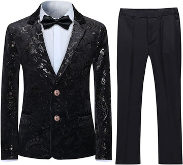Boys Suit Formal Tuexdo Golden Jacquard Slim Fit 2 Pieces Suit Set Jacket Pants for Wedding Prom Party