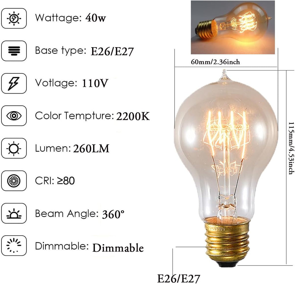 A19 Vintage Edison Light Bulbs 40W 4-Pack, 2200K Amber Glow, E26 Dimmable Squirrel Cage Filament, Soft Warm Yellow
